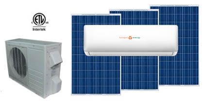 solar air conditioner system shows indoor unit, outdoor unit, 3 solar panels